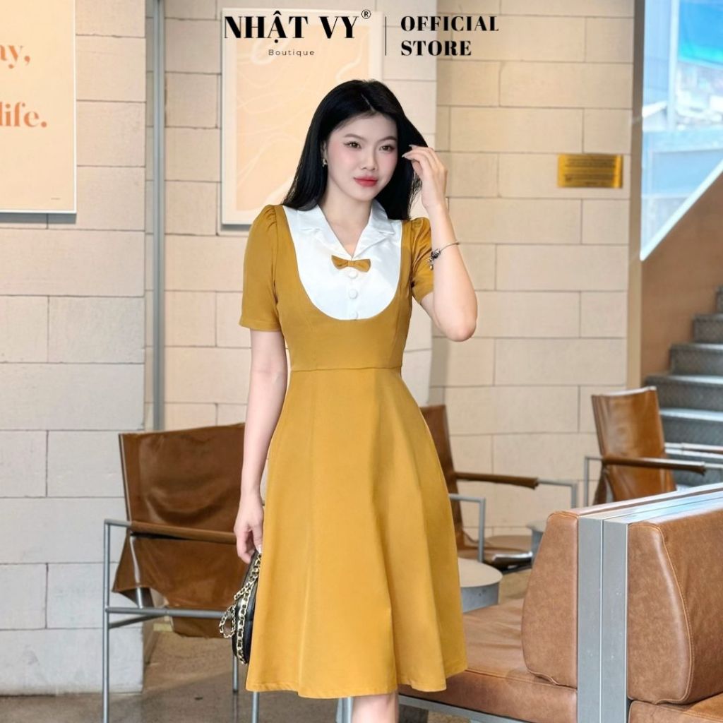 Đầm công sở Nhật Vy cổ vest tay ngắn đính nơ form dáng xoè phù hợp đi làm dự tiệc đi chơi dạo phố thanh lịch - D2950