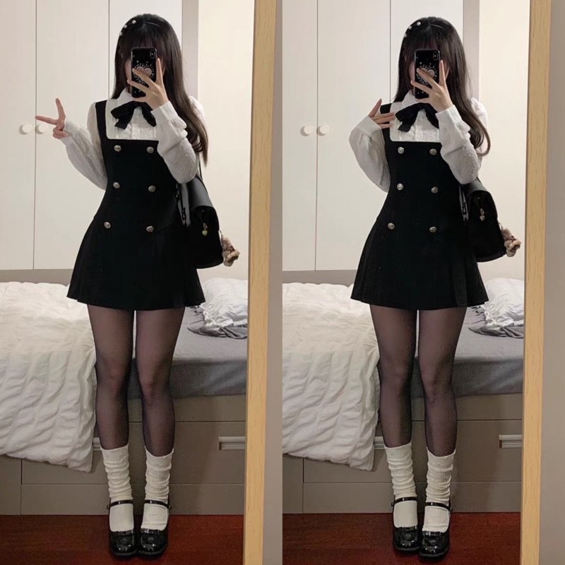 Váy Nữ, Váy Đen Phối Cổ Sơmi Kèm Nơ Tay Dài Phong Cách Tiểu Thư Siêu Xinh | BigBuy360 - bigbuy360.vn