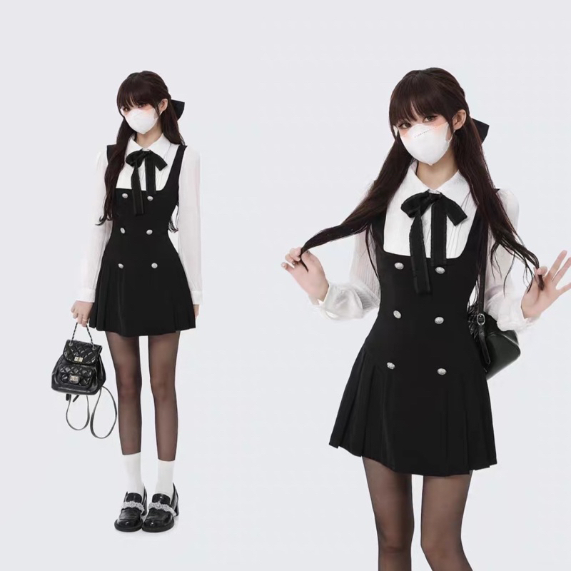 Váy Nữ, Váy Đen Phối Cổ Sơmi Kèm Nơ Tay Dài Phong Cách Tiểu Thư Siêu Xinh | BigBuy360 - bigbuy360.vn