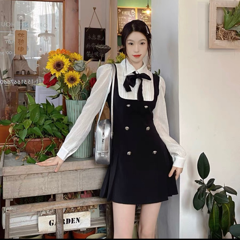 Váy Nữ, Váy Đen Phối Cổ Sơmi Kèm Nơ Tay Dài Phong Cách Tiểu Thư Siêu Xinh | BigBuy360 - bigbuy360.vn