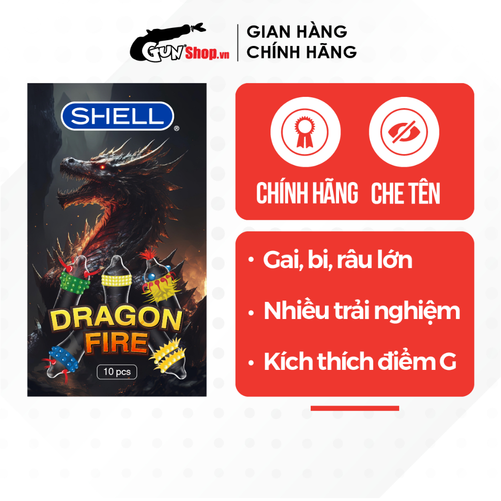 Bao cao su Shell Dragon Fire - Hộp 10 cái - 5 bao gai, bi nổi lớn + 5 bao Shell Performax | GUNSHOP VIỆT NAM