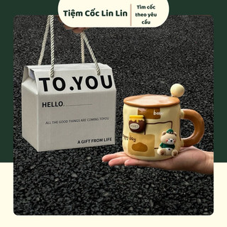 Set cốc nữ gấu nâu kèm charm dung tích 420ml, Ly sứ có nắp dễ thương làm quà tặng sinh nhật, tặng người yêu