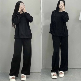 Set Bộ Áo Dài Tay Croptop Cổ Tròn Kèm Quần Dài Ống Suông Rộng Chất Thun Gân Len Nỉ Tăm Cao Cấp Hot Trend - T1S C