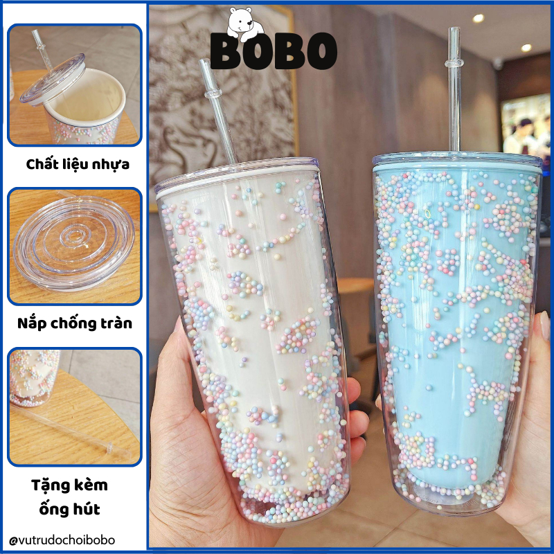 Ly giữ nhiệt nhựa bọt biển kèm ống hút 750ml 2 lớp nhiều màu chất liệu nhựa pp an toàn cho sức khỏe