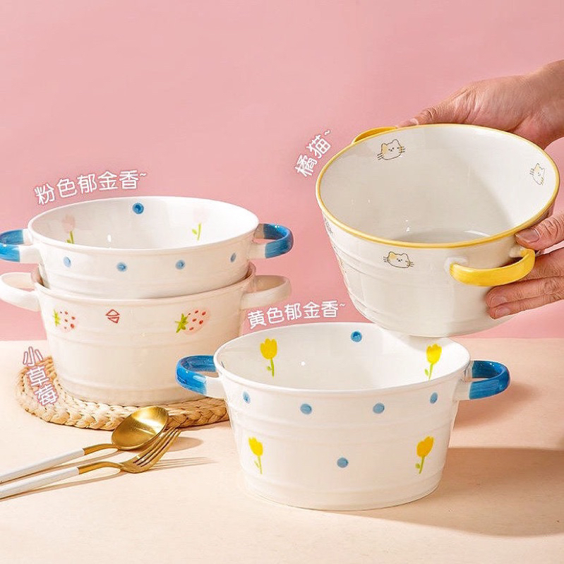 Tô sứ lớn đựng canh có quai họa tiết đơn giản B81