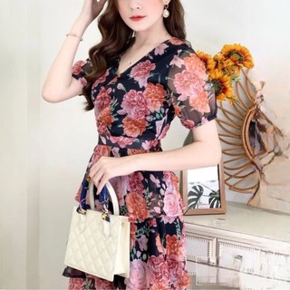 Váy voan hoa xếp tầng thắt nơ eo xuất Hàn (có sẵn)