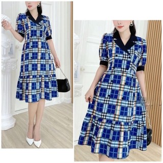 Váy ngắn tay kẻ sọc cổ vest 2 hàng khuy xuất Hàn (có sẵn)