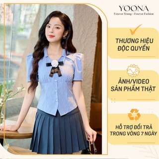 Áo sơ mi sọc kẻ thiết kế dáng ôm xếp  ly ngực tay bồng YOONA - NH2B189