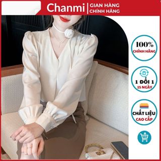 Áo sơ mi lụa nữ cổ V CHANMI A01 dài tay, áo lụa công sở thiết kế kiểu nhún vai tay bồng phụ kiện hoa phong cách mới