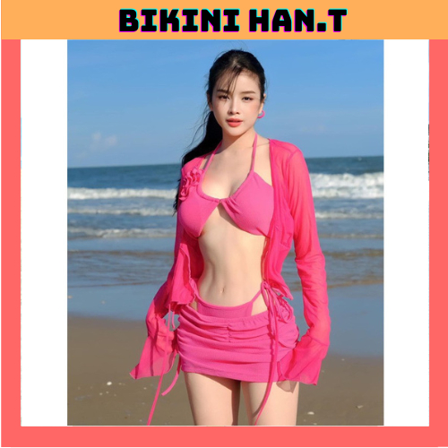 Bộ BIKINI DJMIE hàng thiết kế, tặng hoa cài kèm áo khoát 5 món(ẢNH THẬT)T