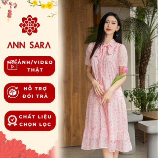 Đầm suông dáng dài cổ thắt nơ hoa nhí màu hồng phấn ANN SARA nhẹ nhàng xinh xắn tiểu thư