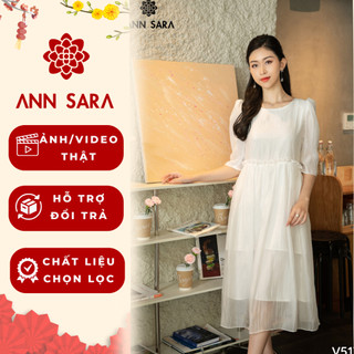 Váy/đầm tiểu thư màu trắng suông tiểu thư nữ dáng dài tay lỡ, nhún bèo ngang eo ANN SARA V517