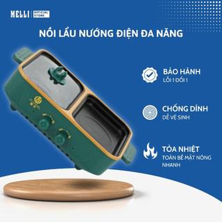 Nồi lẩu nướng điện đa năng melli, bếp lẩu nướng 2 ngăn 2 in 1 đa năng siêu chống dính cao cấp tiện lợi