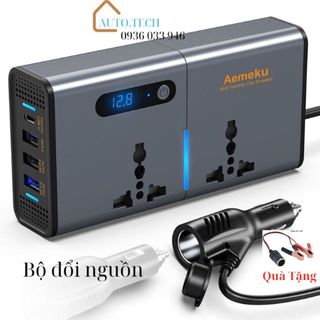 Bộ đổi nguồn cho ô tô 12V/24V sang 220V AEMEKU ,công suất 200W hỗ trợ sạc nhanh PD27W,QC3.0.Bộ biến tần dành cho xe hơi