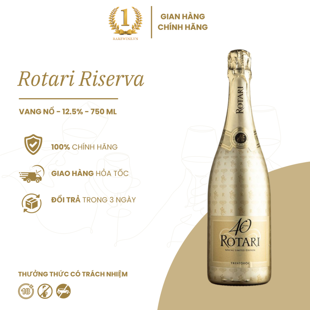 Rượu Vang Nổ Ý Rotari Riserva, Nho Chardonnay Thượng Hạng 12.5% Chai 750ML, Rượu Vang Hà Nội