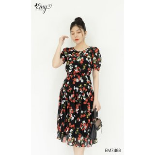 Đầm EMY EM7488 Xoè Hoa Đỏ
