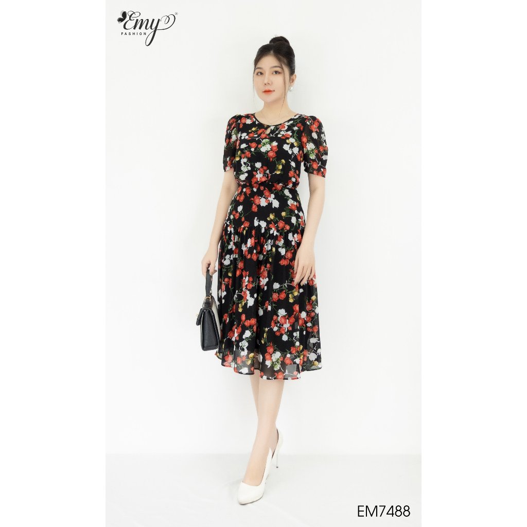 Đầm EMY EM7488 Xoè Hoa Đỏ