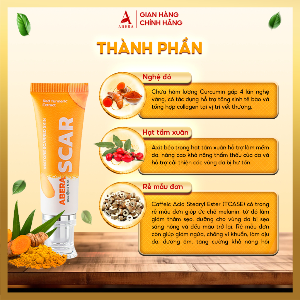Kem liền sẹo nghệ đỏ Abera Scar, liền sẹo lồi, sẹo phẩu thuật, sẹo tai nạn, sẹo lâu năm, từ nghệ đỏ, nuôi dưỡng, tái tạo