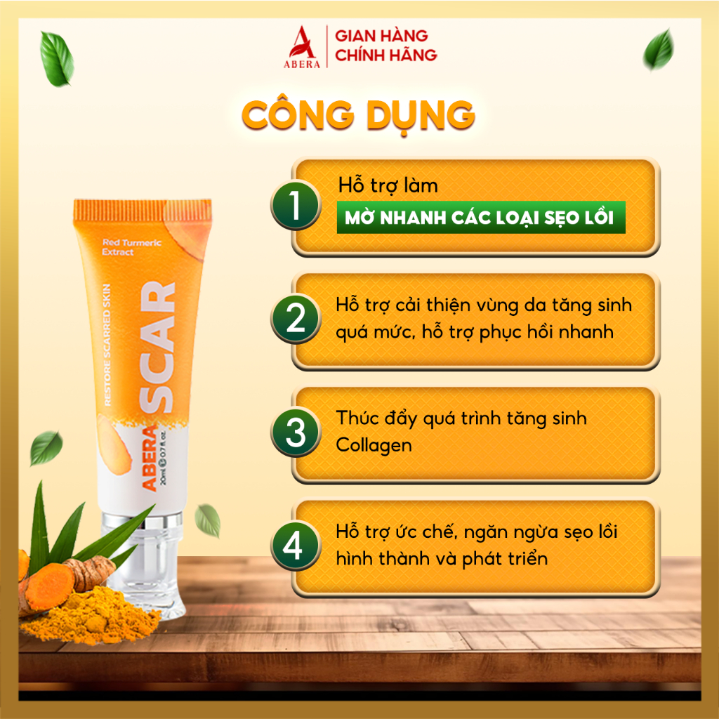Kem liền sẹo nghệ đỏ Abera Scar, liền sẹo lồi, sẹo phẩu thuật, sẹo tai nạn, sẹo lâu năm, từ nghệ đỏ, nuôi dưỡng, tái tạo