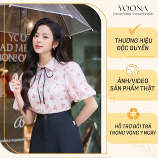 Áo sơ mi hoa hồng thiết kế tay bồng cổ thất nơ nữ tính, thanh lịch YOONA - NH2S267