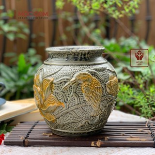  Bình hoa dáng vò khắc tay hoa sen men rêu khô cổ làng gốm Bát Tràng phù hợp decor nội thất | Mộc Gốm MG311 