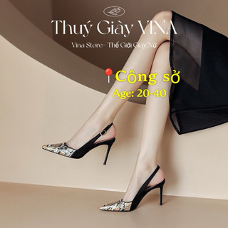 Giày cao gót bít mũi đế nhọn cao 9 phân hở eo hở gót công sở phối da rắn thúy giày vina store mã k15
