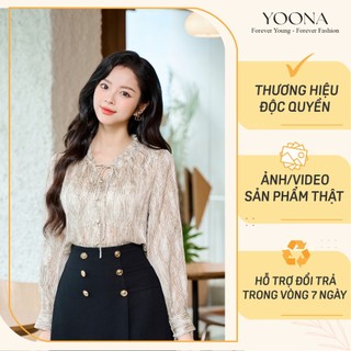 Áo chiffon họa tiết vằn cổ bèo thắt nơ tay dài YOONA - NH4S192