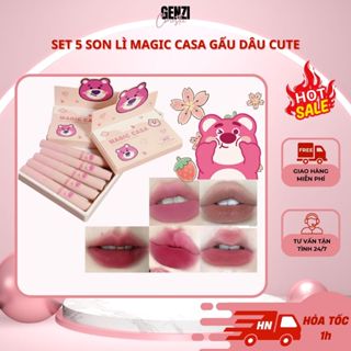 Son Lì Không Trôi Magic Casa Gấu Dâu - Set 5 Son Cute Cho Học Sinh Nhung Mịn Không Trôi Không Phai Màu S5SMGGH