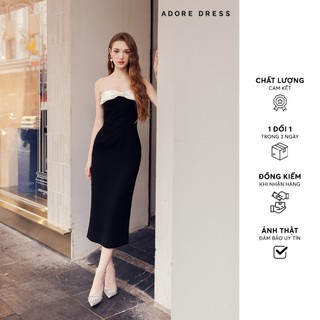 Đầm midi quây xốp tổ ong đen phối nơ trắng 411DR7008  ADORE DRESS