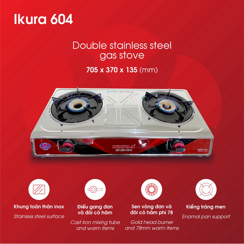 Bếp gas đôi toàn thân inox chén đồng - 1 bên bếp có chế độ lửa hâm IKURA:IV - 604