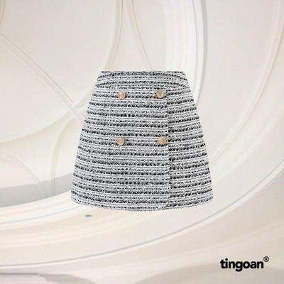 TINGOAN® - Chân váy tweed xám cạp cao vạt lệch đính cúc đá trắng PRETTY SNOW SKIRT/GR
