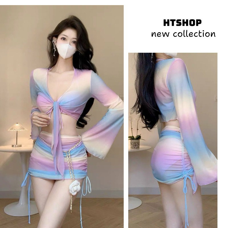 Set bikini 4 mảnh màu loang tím QC