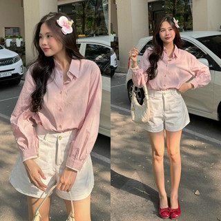 Áo sơmi - 8916- trơn - tay dài phồng viền