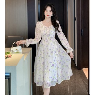 (HÀNG QC SẴN) Đầm Hoa Nhí Tím  Cổ Thuyền Tay Bèo Dài Dáng Lỡ