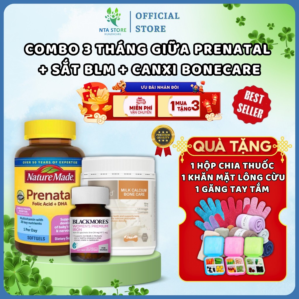Combo dinh dưỡng thai kì Vitamin tổng hợp Prenatal + Sắt Blackmores + Canxi Bioisland Bonecare hữu c