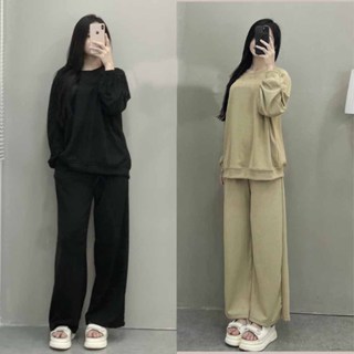 Sét Bộ Nỉ Tăm Dài Tay Vạt Chéo Nhọn , Bộ Tăm Cổ Tròn Kèm Quần Ống Rộng Chất Len Gân Dài Mát Mềm - Win99 C1