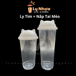 Combo 50 Ly Nhựa Tim Nắp Tai Mèo 90mm Nhiều Màu Trong Suốt Loại Dầy Dung Tích 500ml, 700ml