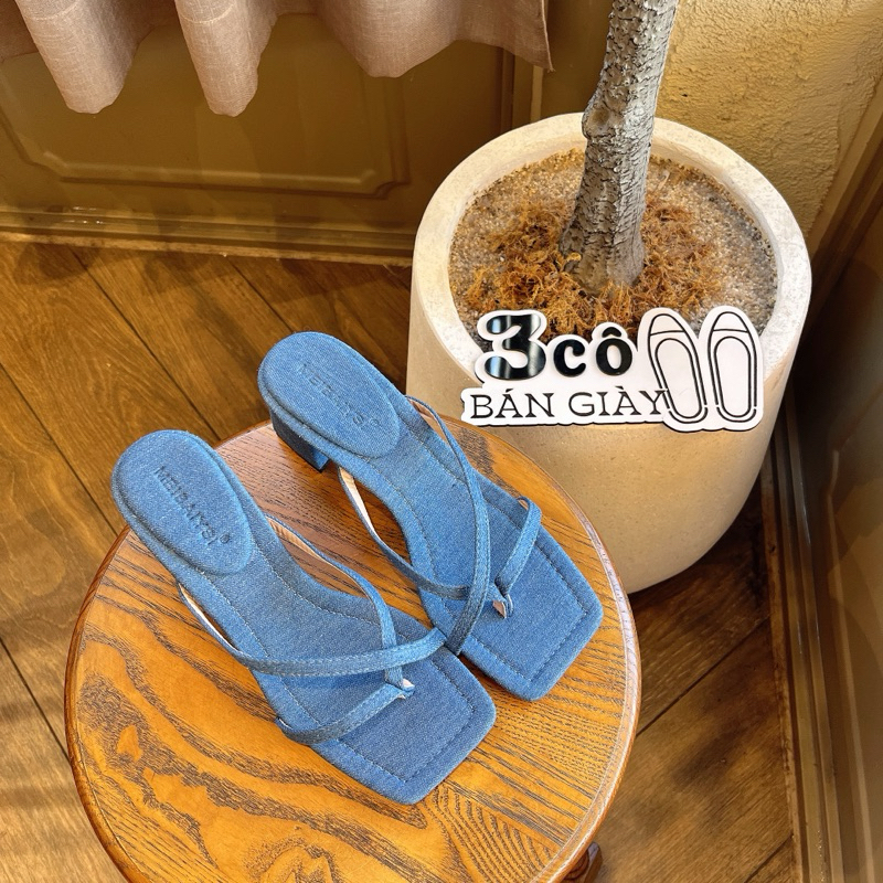 Dép gót nữ 3COBANGIAY kiểu dáng xỏ ngón đơn giản trẻ trung vải jeans trendy gót vuông 5cm