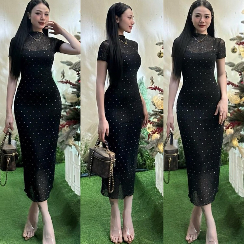 ĐẦM Lưới 2 Lớp ĐÍNH ĐÁ Tay Ngắn Dáng Dài Có Mút Ngực ( có mut ngực)