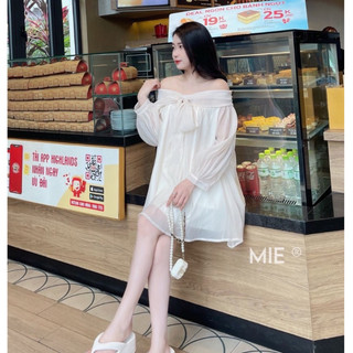 Váy áo babydoll trễ vai tay phồng nơ ngực tơ mềm 2 lớp dày dặn,đầm bánh bèo tiểu thư dự tiệc sang chảnh XPC