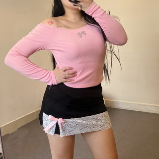  Áo trễ vai hồng Bigsize thun gân đính đá nơ cute -SWEET TOP 