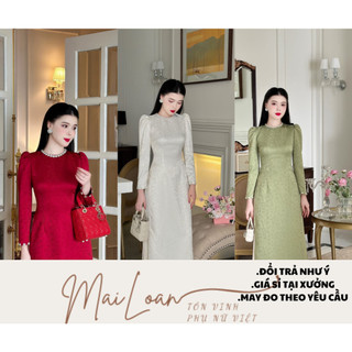 Áo dài lụa hoa đào dệt nổi tay bồng đính kết đá thủ công trẻ trung sanh chảnh