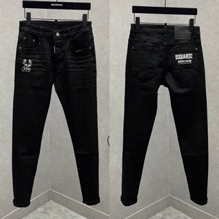 Quần jean bò nam DSQ đen trơn slimfit dập nhăn 3D thêu hình chó Pitbull ICON đùi phối in chữ túi QJ509P