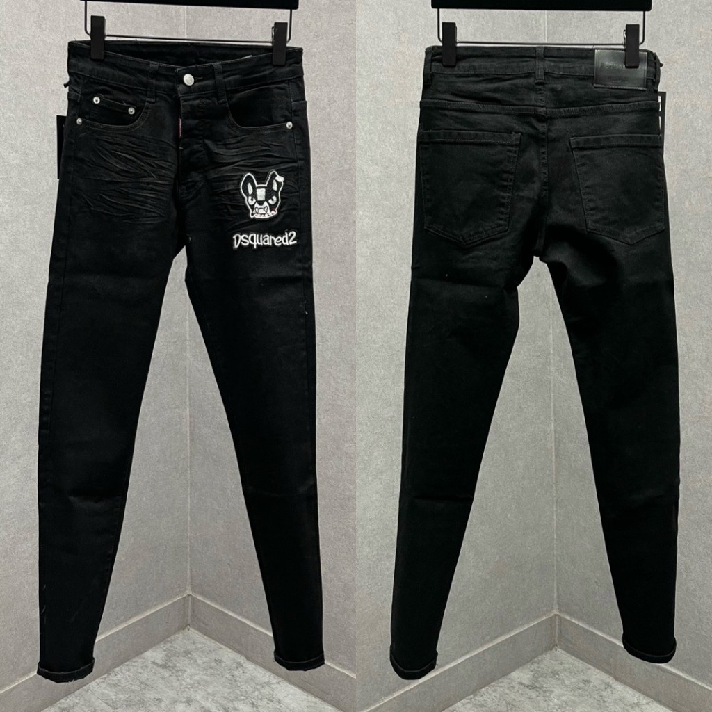  Quần jean bò nam DSQ slimfit đen trơn thêu hình chú chó Pitbull Dsq2 đùi phối 4 cúc đơn giản QJ508P 