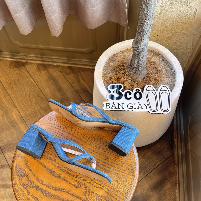 Dép gót nữ 3COBANGIAY kiểu dáng xỏ ngón đơn giản trẻ trung vải jeans trendy gót vuông 5cm