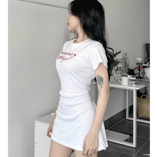 Đầm body thêu dây đan lưng nhún cổ tròn