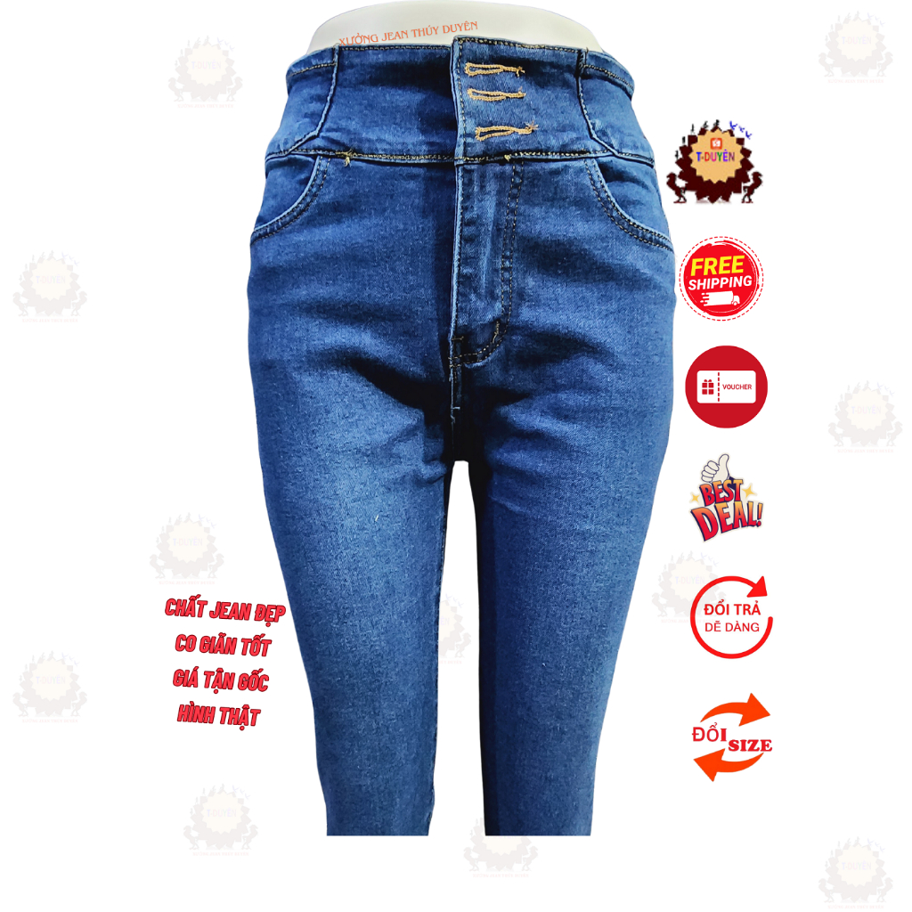 Quần Jean Nữ Lưng Siêu Cao Phối 3 Cúc Và 4 Cúc Trước ( Có Size Đại ) Màu Xanh - Xám Siêu Hot 333 - 185 / 6