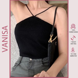 Áo 2 dây cổ yếm trễ vai trắng đen hai dây bẹt vai body len tăm cực xinh đẹp giá rẻ VANISA YM018