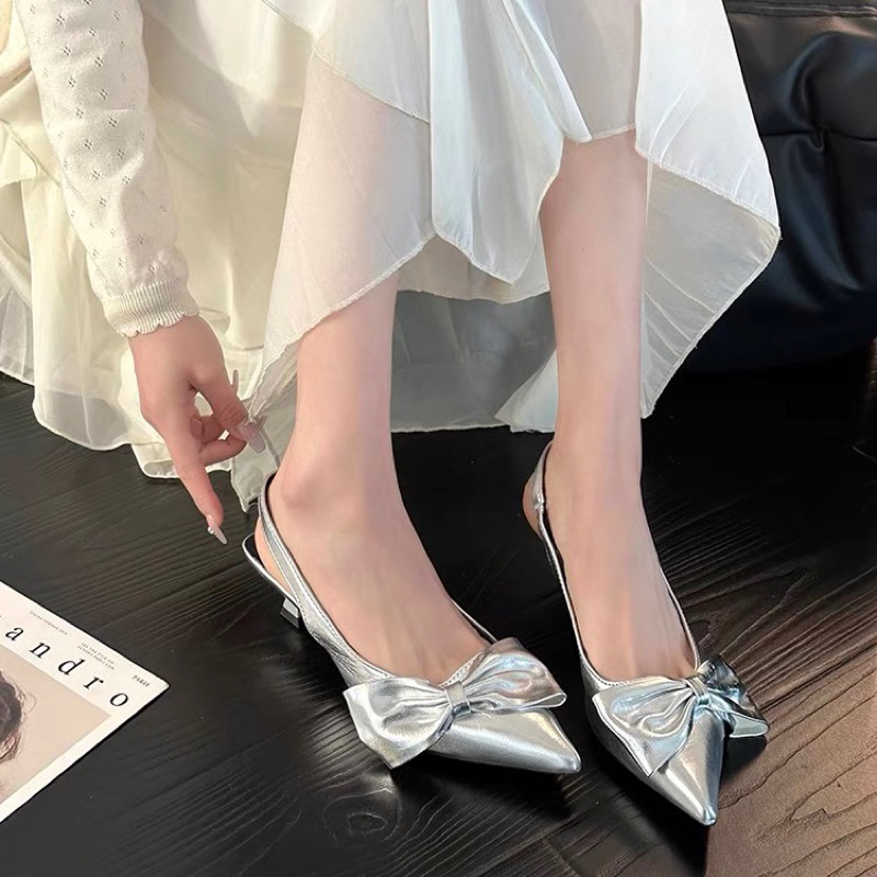 Giày búp bê nữ nơ bạc mũi nhọn hở gót đế cao 5cm