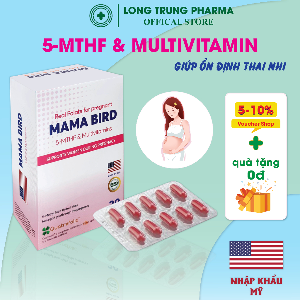 Bổ bầu Mama Bird 5MTHF - Ngăn dị tật thai nhi, Bổ trứng, Tăng khả năng sinh sản (Hộp 30 viên) - nhập khẩu Mỹ